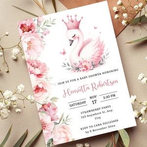 Pink Baby Swan Baby Shower Invites Template, Floral Girl Princess Invitation, Editable, Printable, Instant Download.