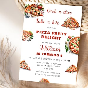 Pizza Party Birthday Invitation, Pizza Birthday Invitation Template, Italian 5th Birthday Invitation, Editable, Printable Instant Download.