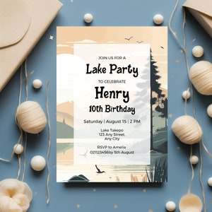 Editable Lake Party Birthday Invitation| 10th Birthday Invitation Template| Summer Camping Birthday Invitation| Printable Instant Download.