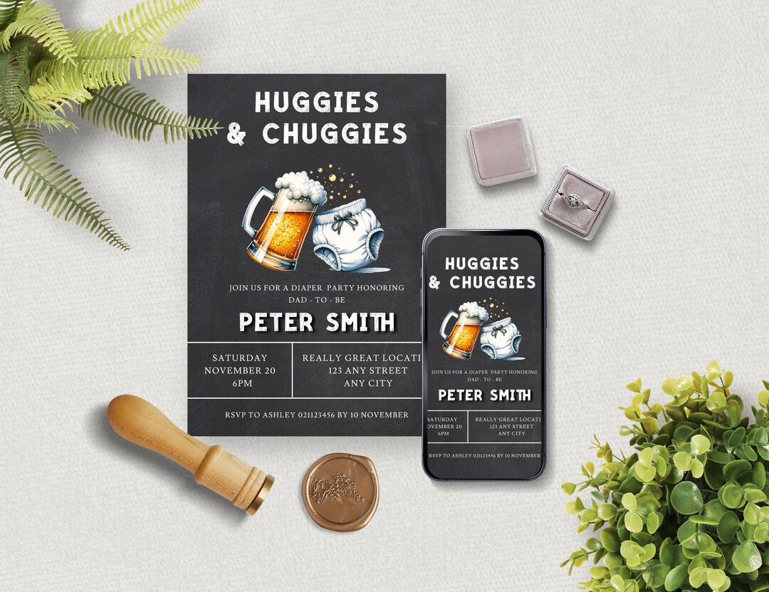 Huggies & Chuggies Baby Shower Printable Invitation Evite Template Bundle, Dad Shower Diaper