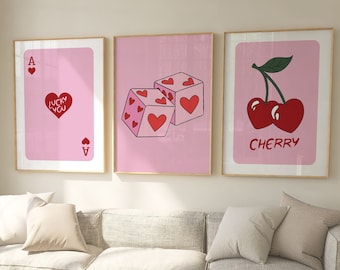 Trendy Retro Wall Art Set Of 3 Trendy Aesthetic Print Ace Card Poster Trendy Wall Art Funky Art Cherry Print