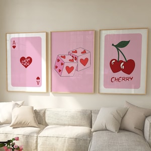 Trendy Retro Wall Art Set Of 3 Trendy Aesthetic Print Ace Card Poster Trendy Wall Art Funky Art Cherry Print