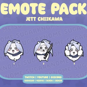 May include: Three animated emotes featuring a white character with blue hair and a blue scarf. The character is shown with different expressions: smiling, holding a knife, and giving a thumbs up. The emotes are labeled 1, 2, and 3. The text "EMOTE PACK JETT CHIIKAWA" is at the top of the image. The text "TWITCH | YOUTUBE | DISCORD 320X320 | 112X112 | 56X56 | 28X28" is at the bottom of the image.