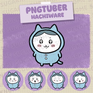 May include: A cartoon illustration of a character in a blue cat-themed onesie. The image includes the text "PNGTUBER HACHIWARE" on a purple background, along with four smaller circular images of the same character with different facial expressions.