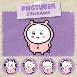 May include: A pink cartoon character in a hooded outfit with a white face and black outlines. The image includes the text "PNGTUBER CHIIKAWA" and four smaller versions of the character with different expressions. The background is purple and beige.