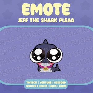 May include: A cartoon shark with big eyes and a pink blush on its cheeks. It is wearing a blue collar with a gold tag that says "Jeff". The shark is pleading with big, round eyes. The background is purple with the text "Nome Sugar" repeated in a pattern.