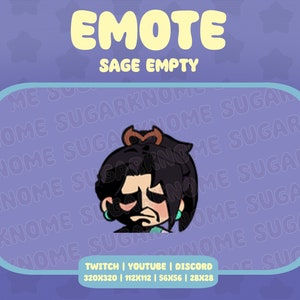 Op de afbeelding: Een paarse achtergrond met witte sterren en de tekst "EMOTE SAGE EMPTY" in geel. Een cartoonillustratie van een persoon met donker haar, een groen shirt en een droevige uitdrukking. De tekst "TWITCH | YOUTUBE | DISCORD 320X320 | 112X112 | 56X56 | 28X28" staat onderaan de afbeelding.
