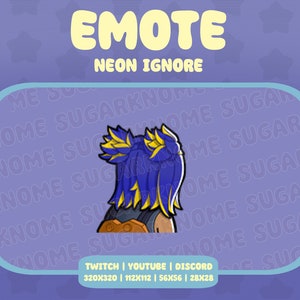 Könnte beinhalten: Ein blaues und gelbes animiertes Emoji mit dem Text "NEON IGNORE" darüber. Das Emoji ist ein Comic-Charakter mit blauen Haaren und gelben Highlights. Der Text "TWITCH | YOUTUBE | DISCORD 320X320 | 112X112 | 56X56 | 28X28" befindet sich unter dem Emoji.