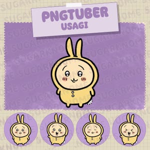 May include: A cartoon illustration of a yellow bunny character named Usagi, with a large head and small body, wearing a hooded jumpsuit. The image includes the text "PNGTUBER USAGI" and four smaller circular images of the bunny with different expressions.