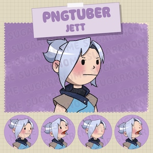May include: A cartoon illustration of a female character with short, light blue hair, wearing a blue and brown jacket. The character has a serious expression and is looking to the right. The image is titled "PNGTuber Jett".