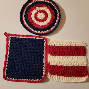 Red, white, blue, pot holder, dish cloth, 3pc set, trivit, kitchen, country theme