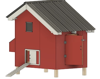 Puede incluir: Un gallinero de madera roja con un techo de metal corrugado gris. El gallinero tiene una pequeña ventana, una puerta y una rampa. El gallinero está elevado sobre postes de madera. La puerta está abierta, revelando el interior.