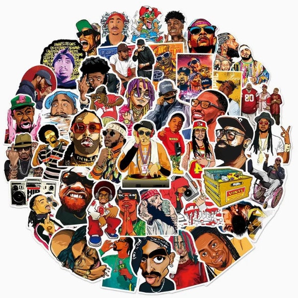 50 pcs. cool cartoon Rapper Character Stickers, Laptop, Phone, Bottle, Gift, Fresh Design, Spray Can, HipHop, Rap, Fan art, Skateboard, teen
