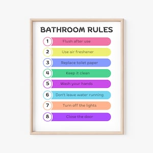 Puede incluir: Un cartel enmarcado con las palabras "REGLAS DEL BAÑO". Las reglas están enumeradas con fondos coloridos: Tirar de la cadena después de usar, Usar ambientador, Reemplazar el papel higiénico, Mantener limpio, Lavarse las manos, No dejar correr el agua, Apagar las luces y Cerrar la puerta.