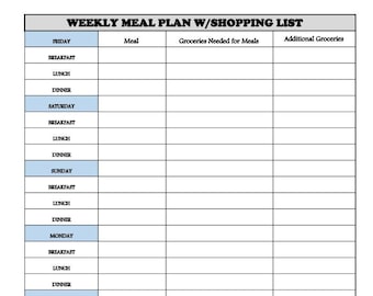 Easy Weekly Meal Plan With Grocery List and Goals List - Etsy