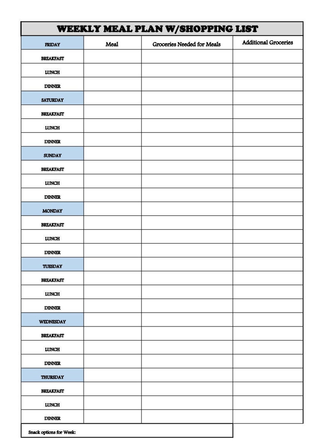 Weekly Meal Plan With Grocery List - Etsy