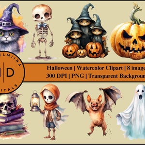 Halloween Watercolor Clipart | PNG | Transparent Background | Halloween Images | Skeleton Clipart | Watercolor