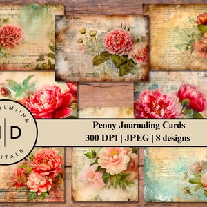 Peony Journaling Cards | Junk Journal Ephemera | Digital Ephemera | Card Toppers | Printable Journaling Cards | Printable Ephemera