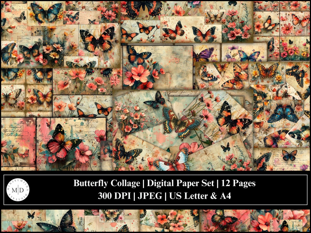 Butterfly Collage Digital Paper Set | Printable Papers | Digital ...