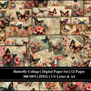 Butterfly Collage Digital Paper Set | Printable Papers | Digital Download | Butterfly Papers | Junk Journal | Collage Sheets