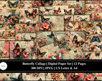 Butterfly Collage Digital Paper Set | Printable Papers | Digital Download | Butterfly Papers | Junk Journal | Collage Sheets