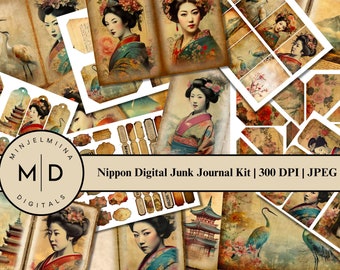 May include: A digital junk journal kit with a Japanese theme. The kit includes images of geishas, cranes, pagodas, and flowers. The images are in a vintage style and have a distressed look. The kit is perfect for scrapbooking, card making, and other paper crafts.
