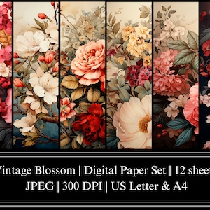 Vintage Blossom | Digital Paper Set | Printable Paper | Floral Paper Set | Vintage Flowers | A4 | US Letter | Scrapbook Paper