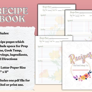 Printable/PDF Fillable Recipe Book | Printable Cookbook Template | Family Recipe Book