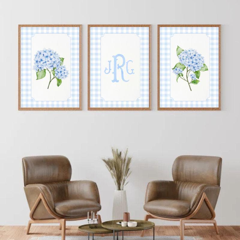Blue Hydrangea Monogram Watercolor Set of 3  Hydrangea Prints | Grandmillennial Print | Coastal Granddaughter | Nursery Prints | Dorm Prints