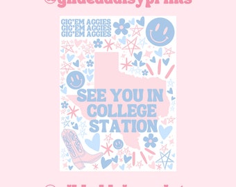 Pink and Blue Texas A&M Collage | Texas AM Poster | Gig 'em Print | Preppy Prints