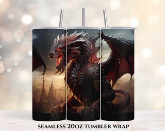 Vaso delgado de dragón de 20 oz, diseño de sublimación, envoltura recta PNG, descarga digital instantánea, diseño de dragón, vaso de fantasía