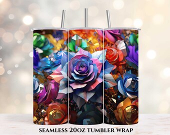 May include: A seamless 20 oz tumbler wrap featuring a colorful abstract floral design with geometric shapes and vibrant colors, including blue, pink, purple, green, and yellow.