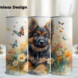 German Shepherd Puppy Watercolor Flowers Butterfly 20oz Skinny Tumbler Wrap, Sublimation Tumbler Design, Tumbler Wrap PNG, Digital Download