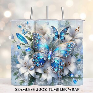 Blue Butterfly Tumbler Wrap, White Lilies PNG, 20oz Skinny Tumbler Wrap, Sublimation Tumbler Design, Tumbler Wrap PNG, Digital Download