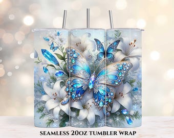 Blue Butterfly Tumbler Wrap, White Lilies PNG, 20oz Skinny Tumbler Wrap, Sublimation Tumbler Design, Tumbler Wrap PNG, Digital Download