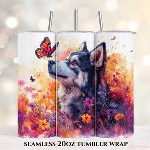 Husky Watercolor Flowers Butterfly 20oz Skinny Tumbler Wrap, Sublimation Tumbler Design, Straight Tumbler Wrap PNG, Digital Download