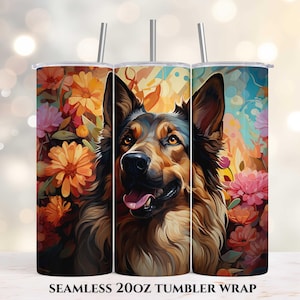 German Shepherd Flowers 20oz Skinny Tumbler, Sublimation Design, Straight Tumbler Wrap PNG, Instant Digital Download, German Shepherd PNG