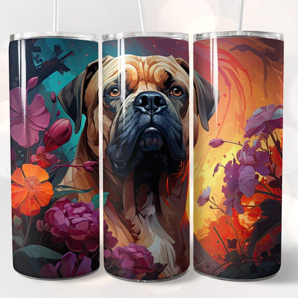 Bullmastiff Flowers 20oz Skinny Tumbler, Sublimation Design, Straight Tumbler Wrap PNG, Instant Digital Download, Bullmastiff Tumbler Wrap