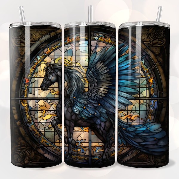 Stained Glass Pegasus Tumbler Design, Dark Pegasus, Instant Digital Download, 20oz Skinny Straight Tumbler Wrap, Sublimation Tumbler Design