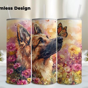 German Shepherd Watercolor Flowers Butterfly 20oz Skinny Tumbler Wrap, Sublimation Tumbler Design, Tumbler Wrap PNG, Digital Download