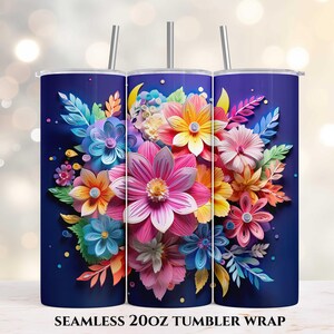 3D Flowers Bright Colors 20oz Skinny Tumbler, Sublimation Design, Straight Tumbler Wrap PNG, Instant Digital Download, 3D Tumbler Design