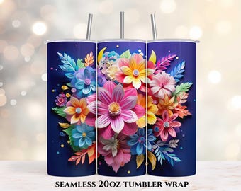 May include: Three 20oz tumblers with a vibrant floral design. The navy blue tumblers feature a colorful arrangement of pink, yellow, orange, and blue flowers with green and blue leaves. Each tumbler has a silver straw and the text "SEAMLESS 20OZ TUMBLER WRAP".