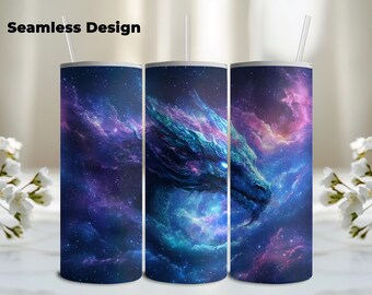 Galaxy Dragon Tumbler Wrap PNG, Cosmic Blue Dragon Sublimation, 20oz Skinny Tumbler Digital Download, Fantasy Space Dragon Tumbler Wrap