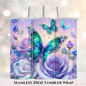 Butterflies Roses Tumbler Wrap, 20oz Skinny Tumbler Wrap, Sublimation Tumbler Design, Straight Tumbler Wrap PNG, Digital Download