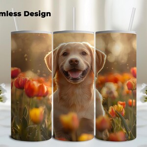 Yellow Labrador Retriever Puppy Flowers 20oz Skinny Tumbler Wrap PNG, Sublimation Tumbler Design, Digital Download