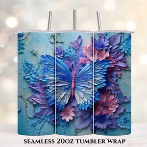 3D Blue Butterfly Flowers 20oz Skinny Tumbler, Sublimation Design, Straight Tumbler Wrap PNG, Instant Digital Download, 3D Tumbler Design