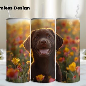 Chocolate Labrador Retriever Puppy Flowers 20oz Skinny Tumbler Wrap, Sublimation Tumbler Design, Straight Tumbler Wrap PNG, Digital Download