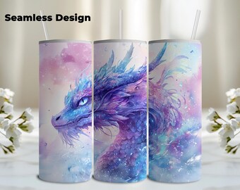Envoltura para vaso de dragón de acuarela PNG, sublimación de dragón de fantasía pastel, descarga digital de vaso delgado de 20 oz, envoltura para vaso de dragón místico