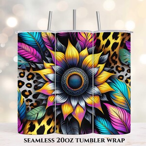 Sunflower Leopard Print Tumbler PNG, 20oz Skinny Tumbler Wrap, Sublimation Tumbler Design, Straight Tumbler Wrap PNG, Digital Download