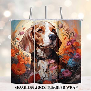 Beagle Flowers 20oz Skinny Tumbler, Sublimation Design, Straight Tumbler Wrap PNG, Instant Digital Download, Beagle PNG, Dog Tumbler wrap